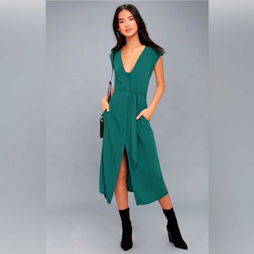 TAVIK Leeman Teal Green Tie Waist V-Neck Midi Dress L